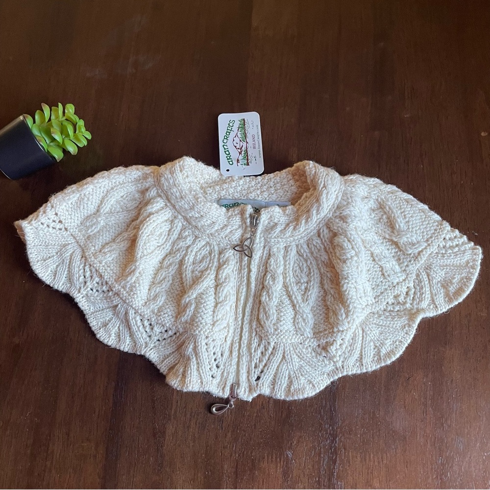 Aran Crafts Baby Toddler Irish Wool Zip Up Shawl Poncho